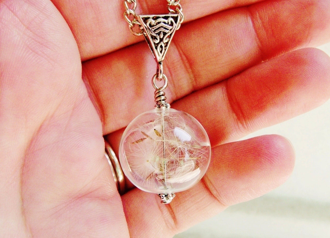 Real Dandelion Seed Glass Orb Necklace In Silver Small Orb