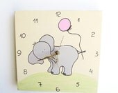 Children's clock- Elephant Grey and spring green on Cream/ Antique White ,Hand painted on canvas- nursery clock