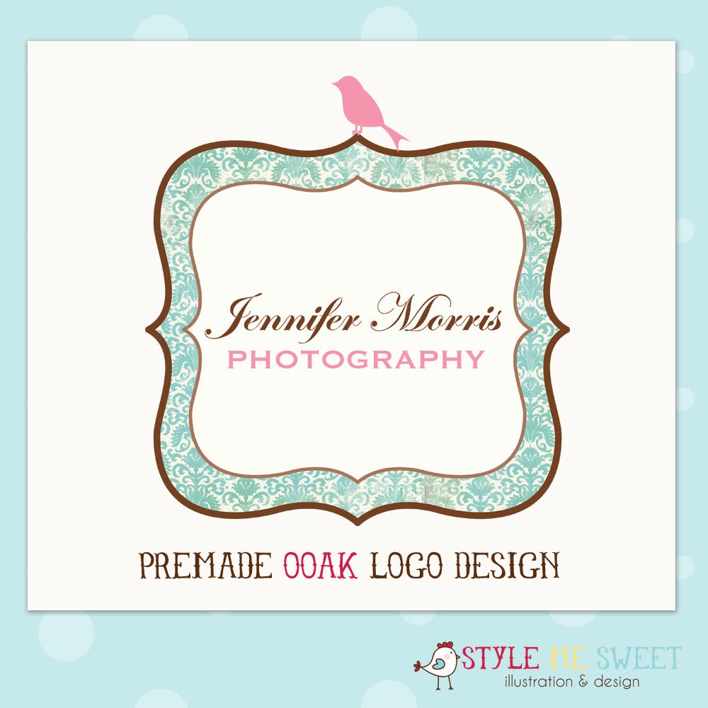 Premade Custom OOAK Logo - Pattern Damask Frame and Silhouette Bird Business Photography Photographer Logo Never Resold
