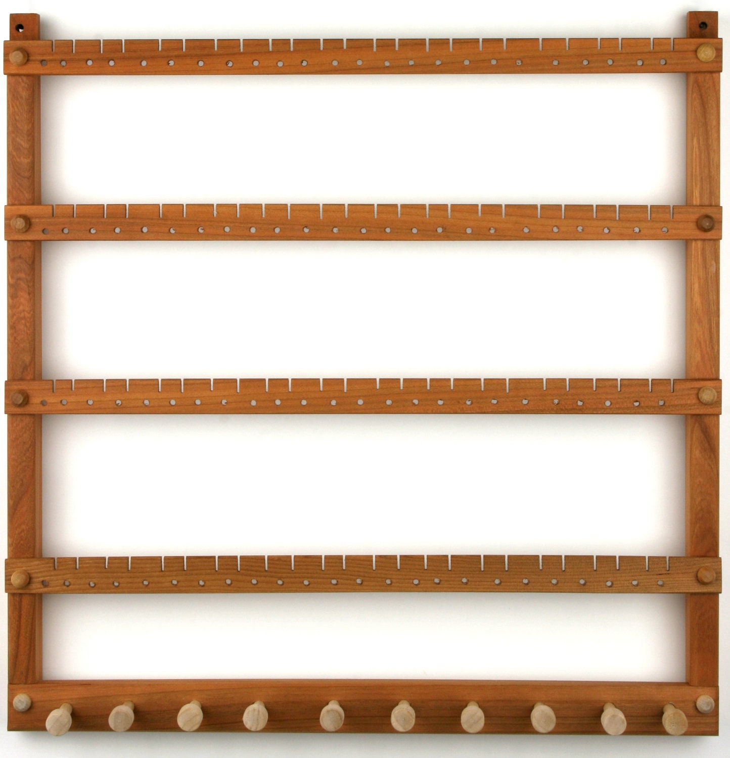 Wood Earring Holder - Jewelry Organizer, Cherry, Wall Mount, plus Necklace Bar. Holds up to 96 Pairs of Earrings plus 10 Jewelry pegs.