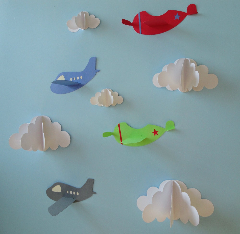 Airplane Wall Decals, Plane Wall Decals, Planes and Clouds, 3D Paper Wall Art, Wall Decor