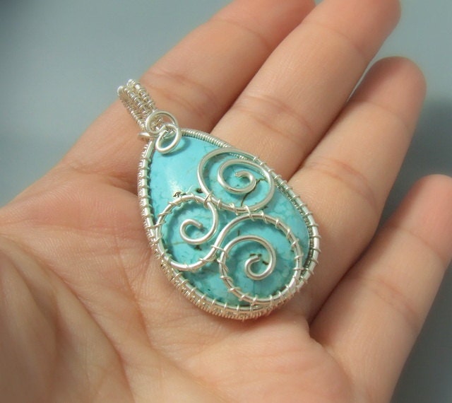 Turquoise howlite pendant, sea wave pendant, silver plated handmade jewelry