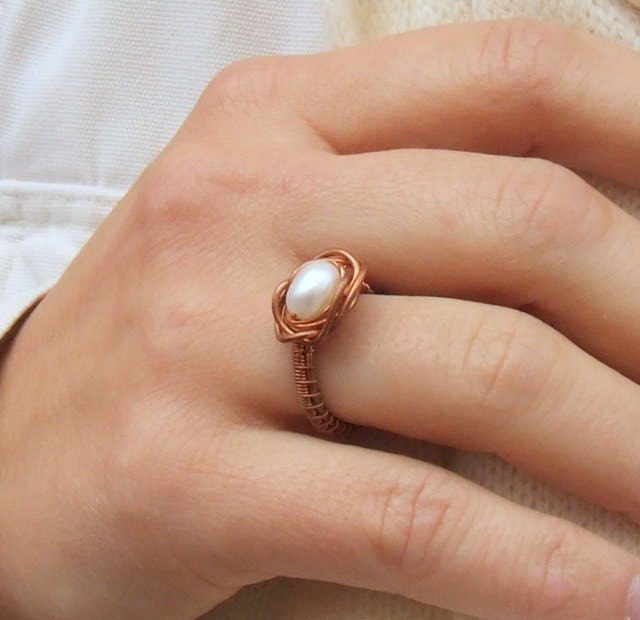 Pearl copper ring cocktail ring wedding jewelry with June birthstone