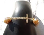 GOLD RHINESTONE Skinny Cross With Tan Mother Of Pearl Beads-Women-Teen