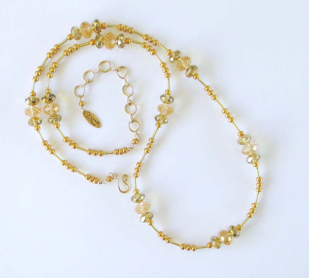 Long Gold Necklace Gold Crystal Necklace Double Strand Necklace Gold Filled Wrap Necklace
