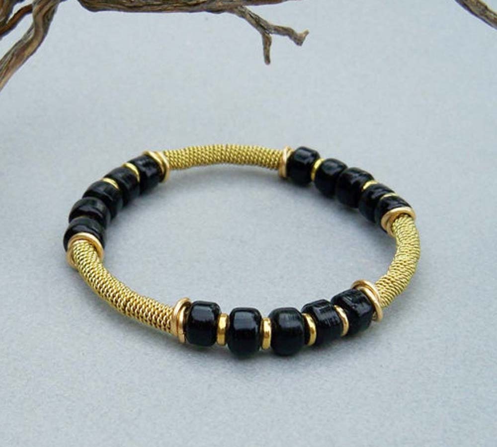 Black Bracelet Brass Bangle Crow Beads Tribal Jewelry