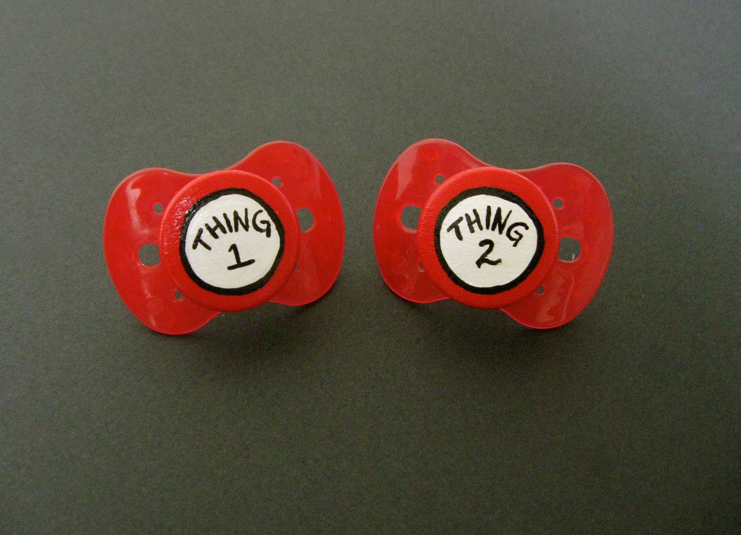 NEW- Thing 1 & Thing 2- Hand Painted Custom Pacifier Set in NUK Style RED