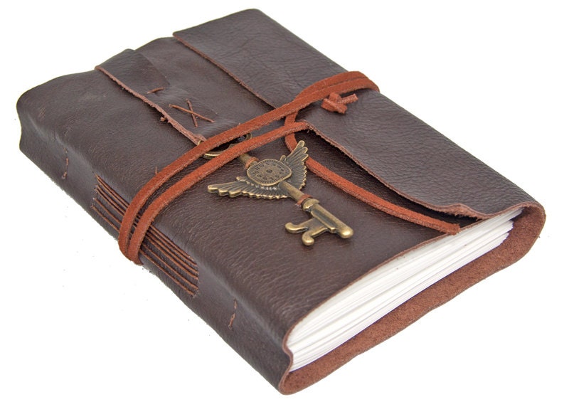 Brown Leather Journal with Winged Clock Key Charm Bookmark