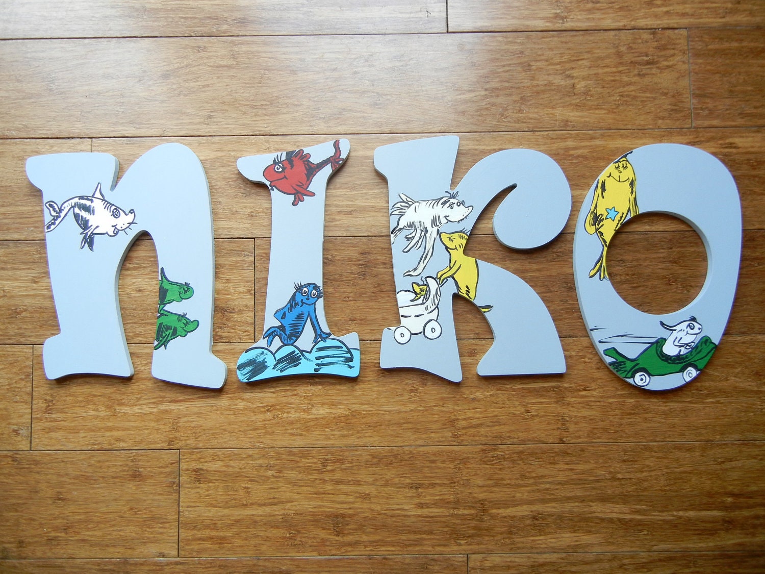 Dr Seuss inspired Hand Painted wooden wall letters, One Fish Two Fish, Red Fish Blue Fish