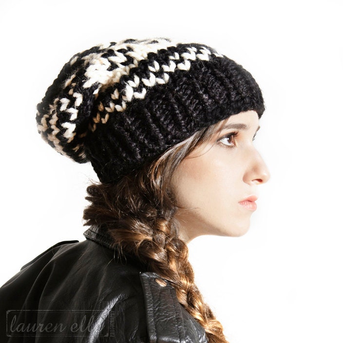 Ski Sweater Knit Hat - Fair Isle Print in Black and White