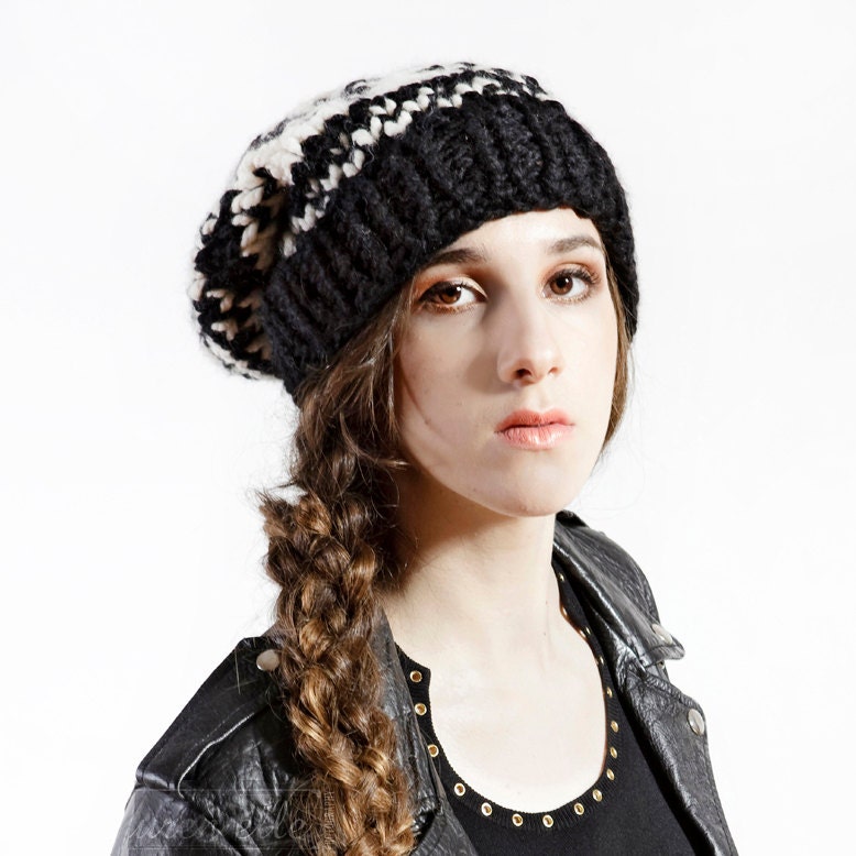 Ski Sweater Knit Hat - Fair Isle Print in Black and White