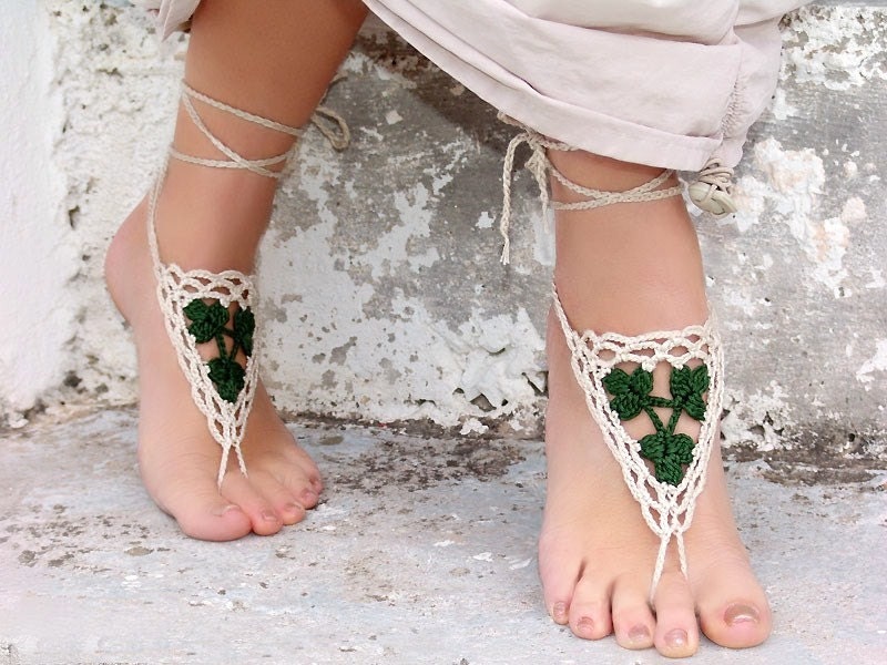 Barefoot sandals, Crochet Tan Green, wedding barefoot sandles, sexy,  yoga, anklet , steampunk sandals, beach pool, st patricks day