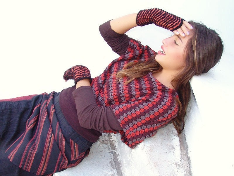 Striped Mittens, Pumpkin knit fingerless gloves, Arm Wrist Warmers, Orange, Black, Valentines day gift