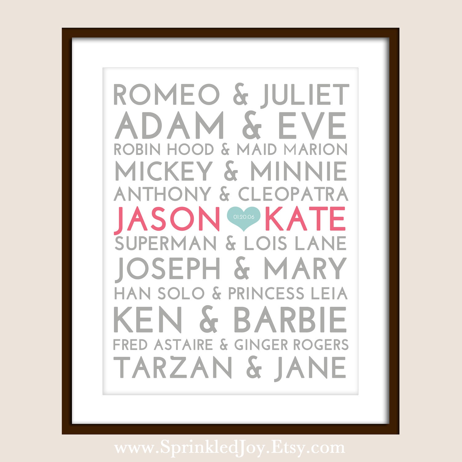 Famous Couples Subway Print - 8x10 Fully Customizable - Unique Wedding, Valentines or Anniversary