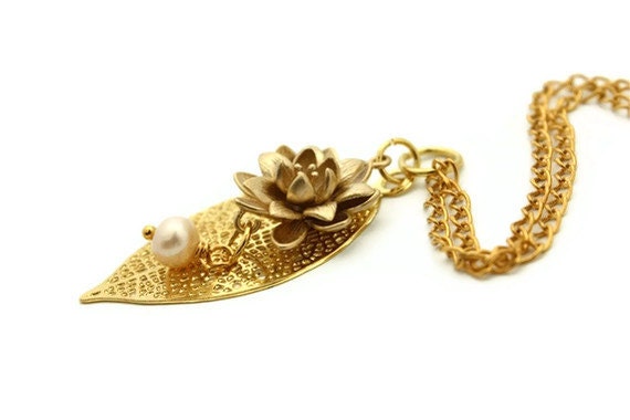 Gold leaf necklace matte lotus pendant pearl tiffany blue box bridal gift