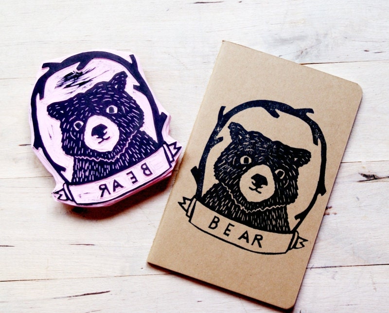 Bear Cub Animal Lined Notebook Moleskine Journal Hand Carved Stamp Kids Spring Gift