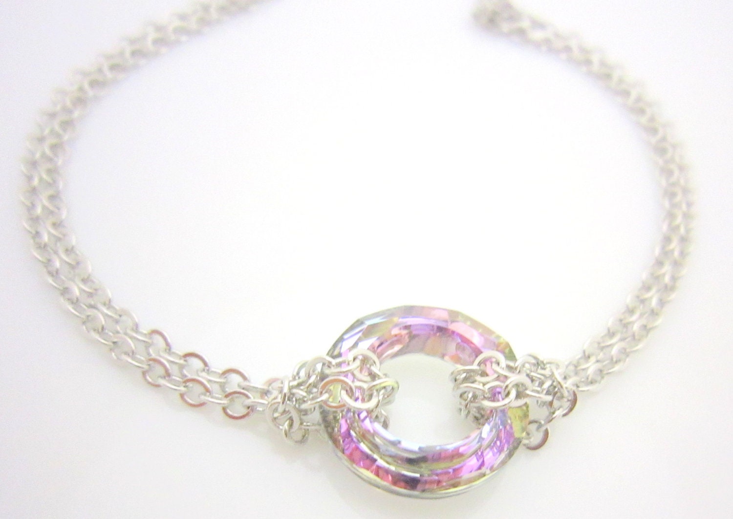 Circle Bracelet - Purple Blue Crystal Circle on Silver Chain - Simple Everyday Jewelry