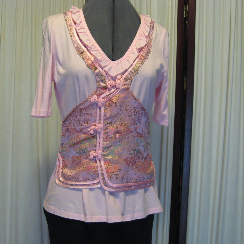 Reconstructed Recycled EcoFriendly Ladies' Top SS Size Medium Light Pink Embellished with Asian Oriental Ethnic Pink Multi Fabric