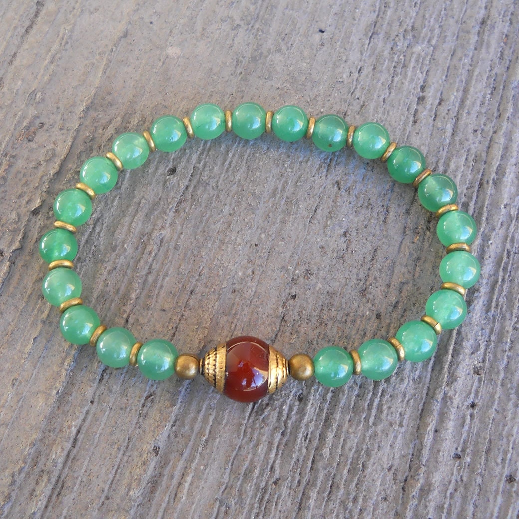 Aventurine bead mala bracelet with Tibetan capped carnelian guru bead
