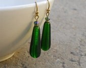 emerald, dark green vintage glass earrings