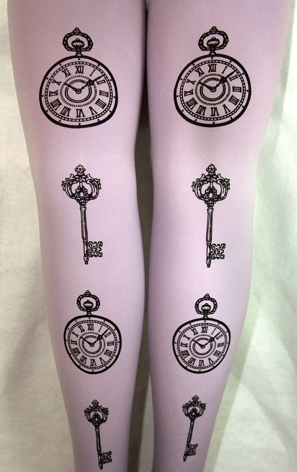 Pocket-Watch & Keys Printed Tights Large Black Pearl on Lavender Lilac Pastel Purple Womens Victorian Gothic Lolita Steampunk Print