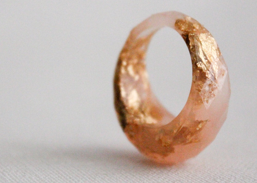 peachy rose gold size 8.5 multifaceted eco resin ring with suspended gold flakes