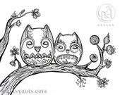 ORIGINAL drawing of Owls in Tree Illustration, original art about 11 x 14, folksy owl doodle detailed ink drawing