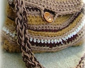 Elegant natural brown crocheted shoulder bag with a big wooden button