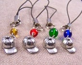 Wine Charms / Beer Bottle Beverage Marker Drink Label - Baseball Cap Charm - Set of 4 -  Red Green Amber Blue Glass Beads Metal Charms