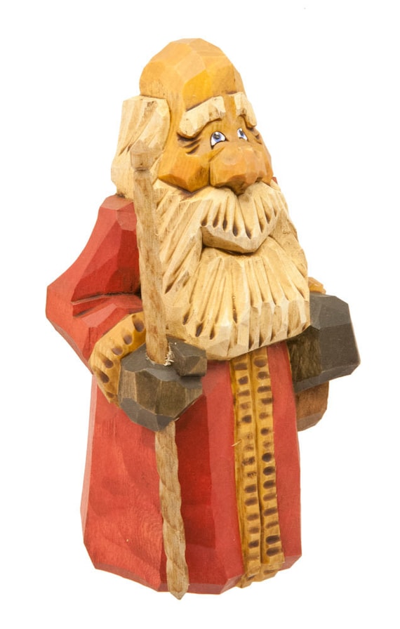 Hand Carved Wooden Santa in Red Robe and Natural Trim with Bag and Walking Stick