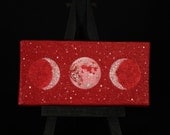 Red Sacred Feminine Moon, 2" x 4" Oil Painting, Comes with mini black easel and magnet strips on back