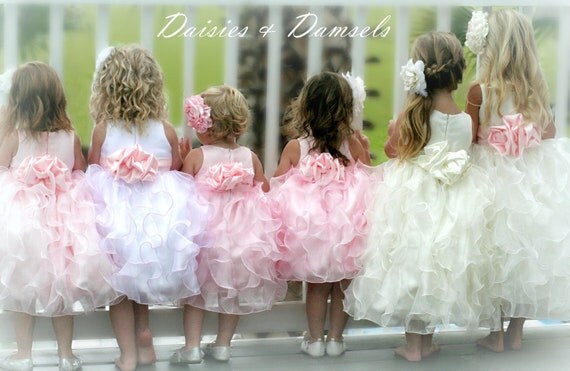 Pale pink satin, organza flower girl dress, cascading vertical ruffles baby, toddler & girl sizes