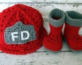 Firefighter Helmet in Red, Gray and White with Matching Boots Available in Newborn to 12 Month Size- MADE TO ORDER