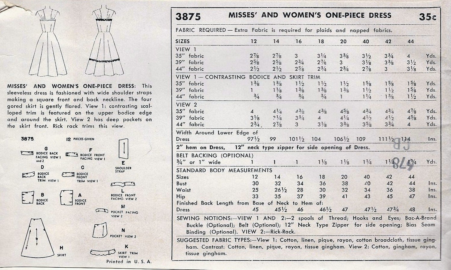 1950s Misses Dress Vintage Sewing Pattern, Rockabilly, I love Lucy , Simplicity 3875 bust 32"