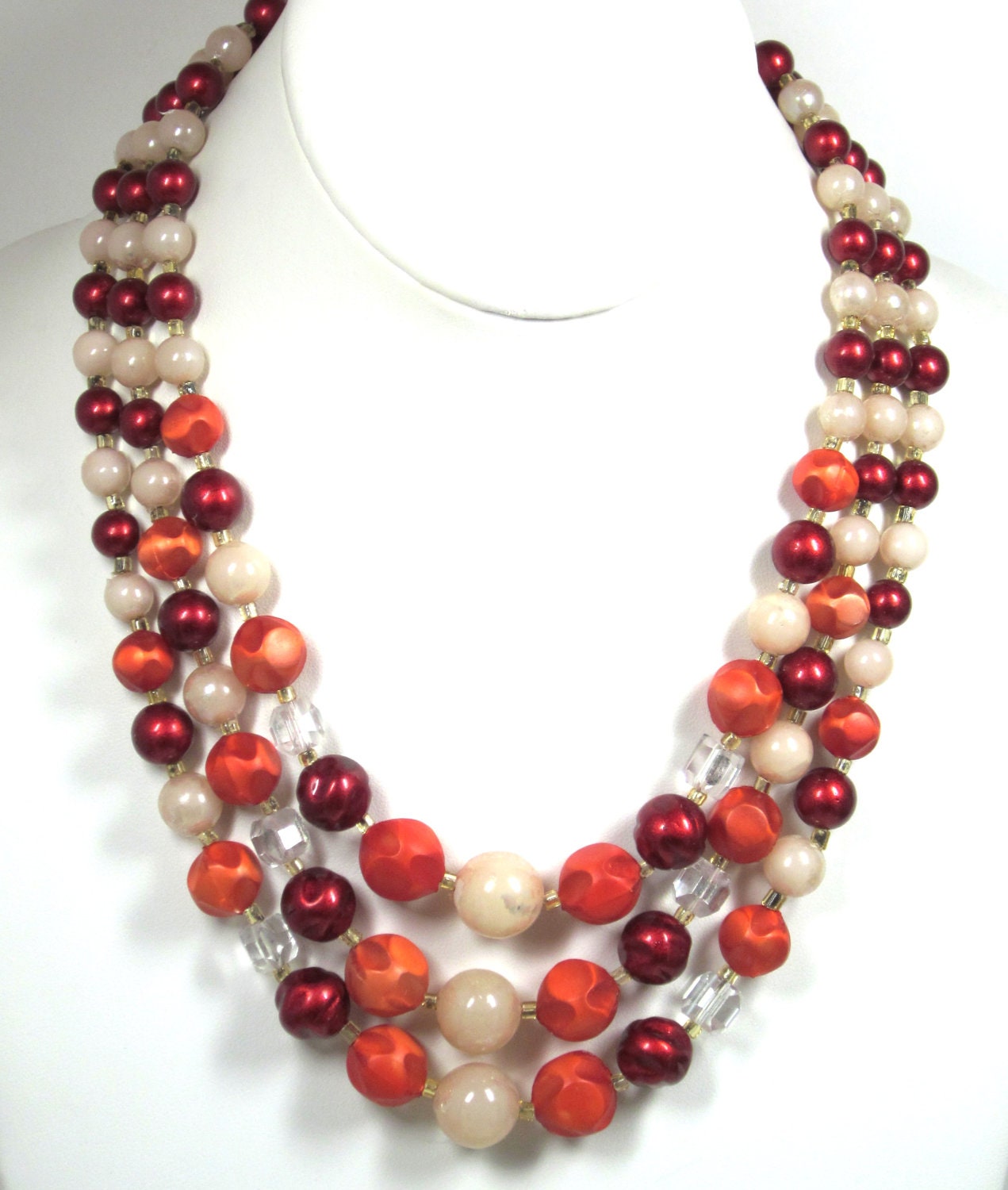 Mid Century Signed Plastic Beaded Necklace Multi Strand Statement NECKLACE Cluster Beads