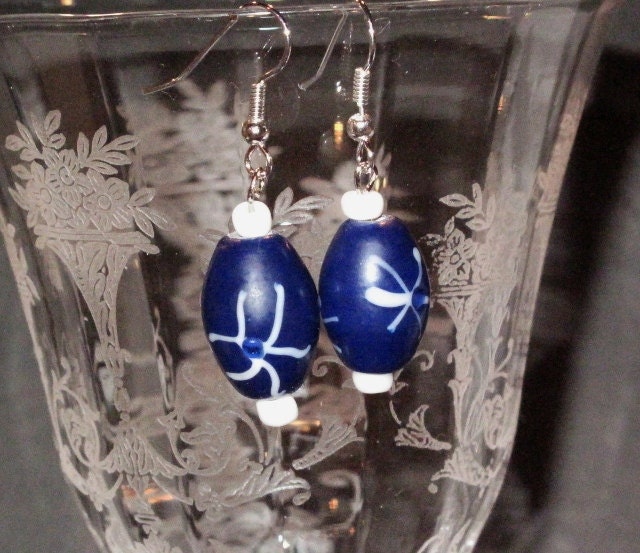 Blue and White Snow Flake/Star Clay & Glass Beads Surgical Steel Pierced Earrings Dangle