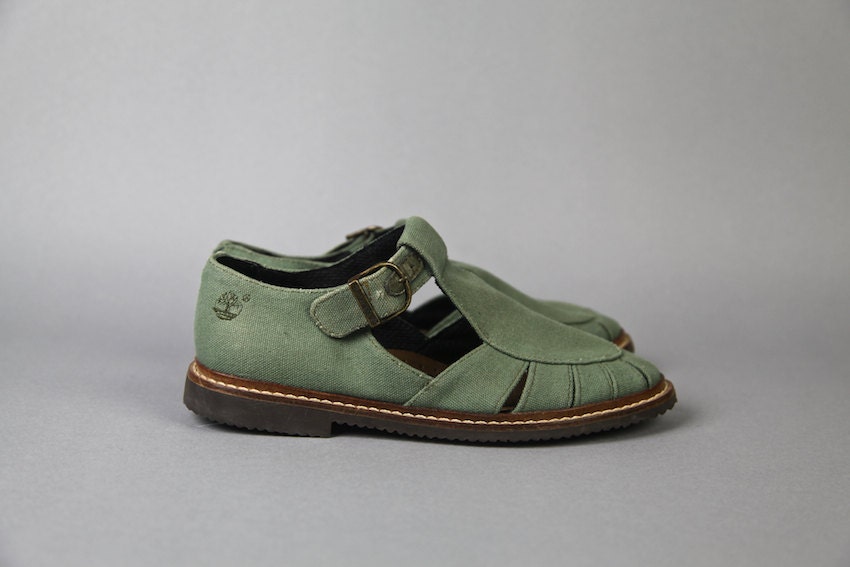 vintage shoes, 1990's Timberland green canvas summer sandals, size 7, 37.5