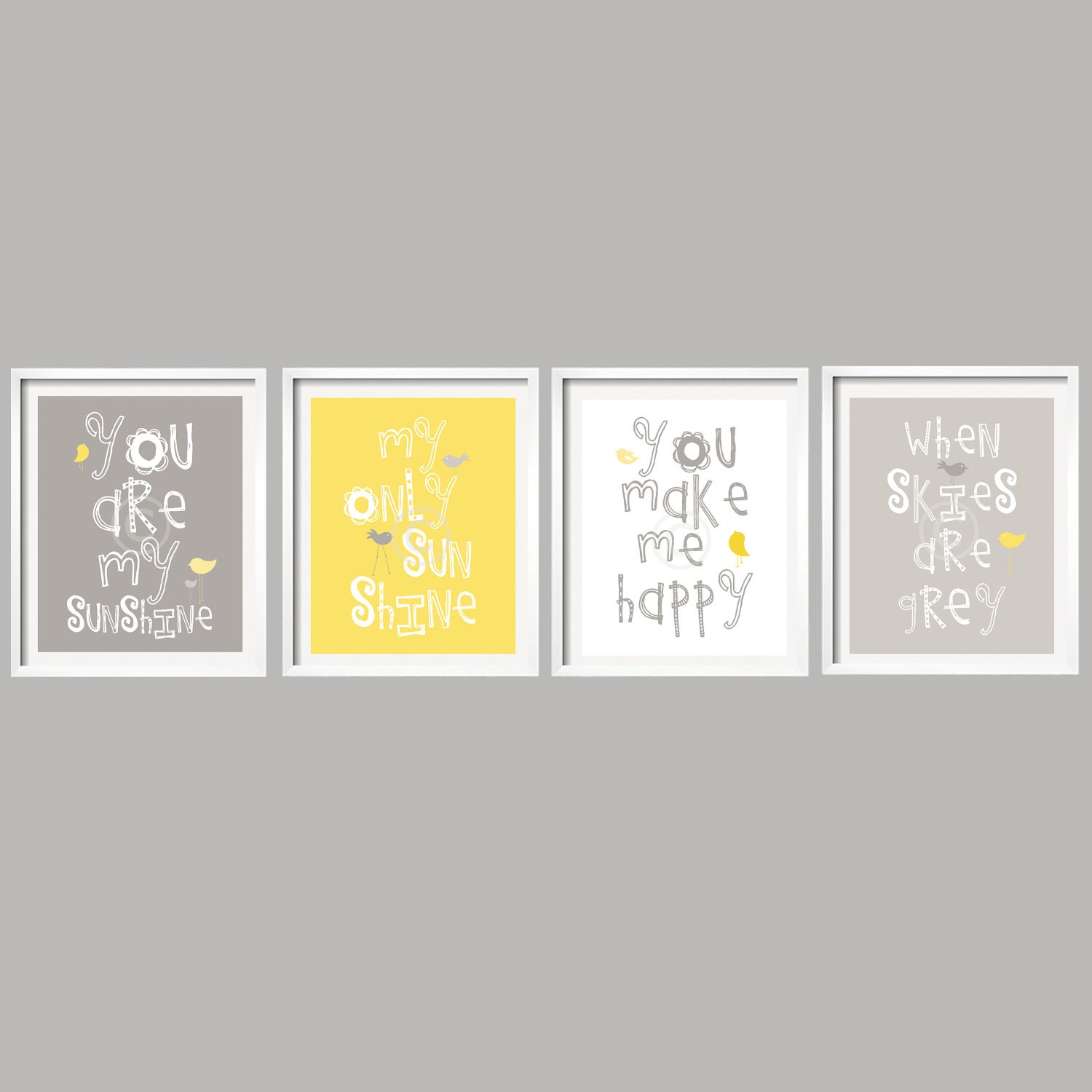 SALE Yellow and Gray Wall Art, Nursery Decor Prints - You Are My Sunshine, 4 prints 8x10, baby shower gift, for boy or girl by YassisPlace