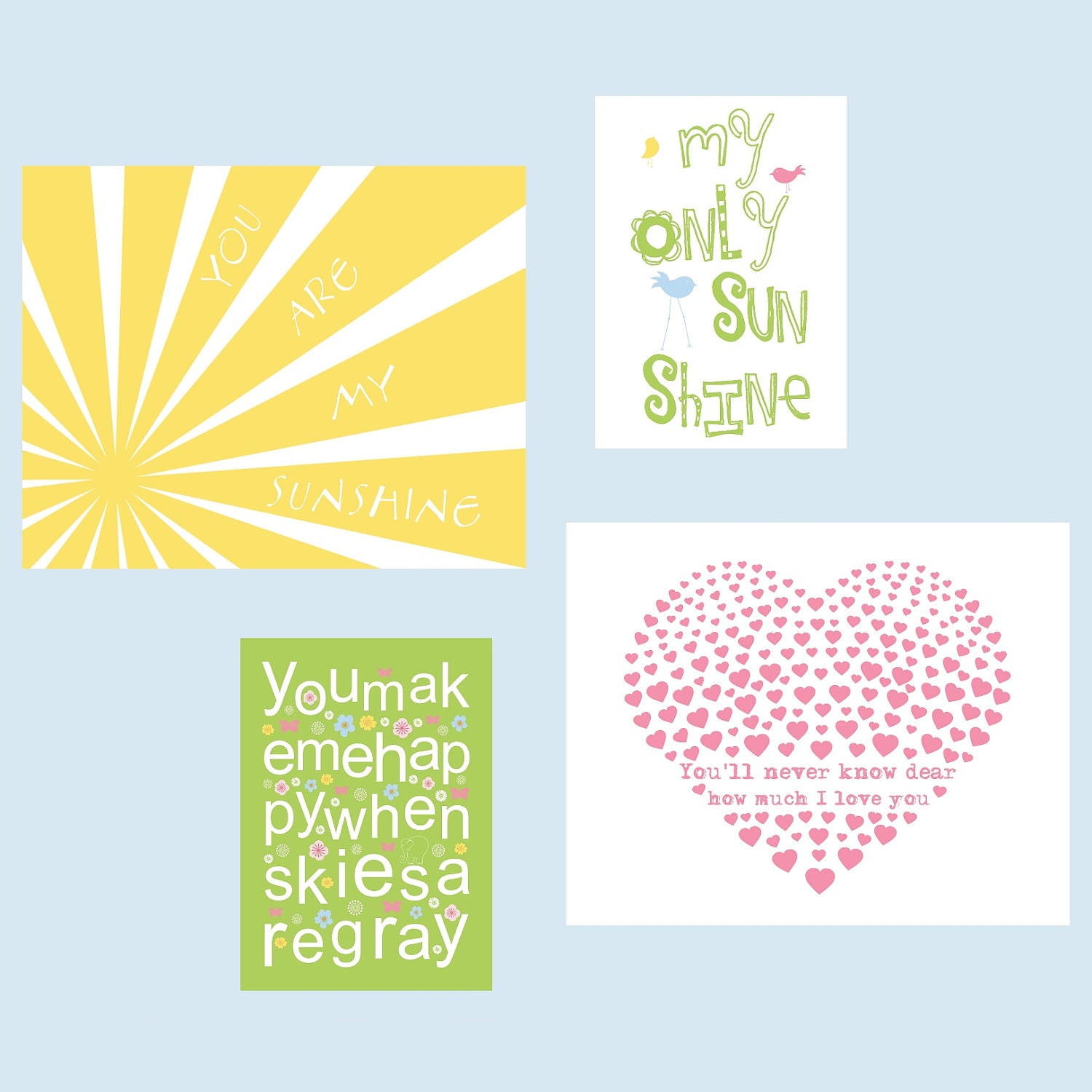 You Are My Sunshine Print set for Lily Pottery Barn Bedding in pink, green,yellow, orange and blue 4 pc 8x10 and 5x7 FREE SHIPPING
