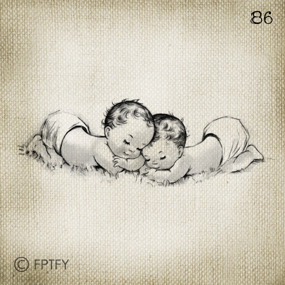 Adorable Vintage Baby Twins LARGE Digital Vintage Image Download Sheet Transfer To Totes Pillows Tea Towels T-Shirts- 86