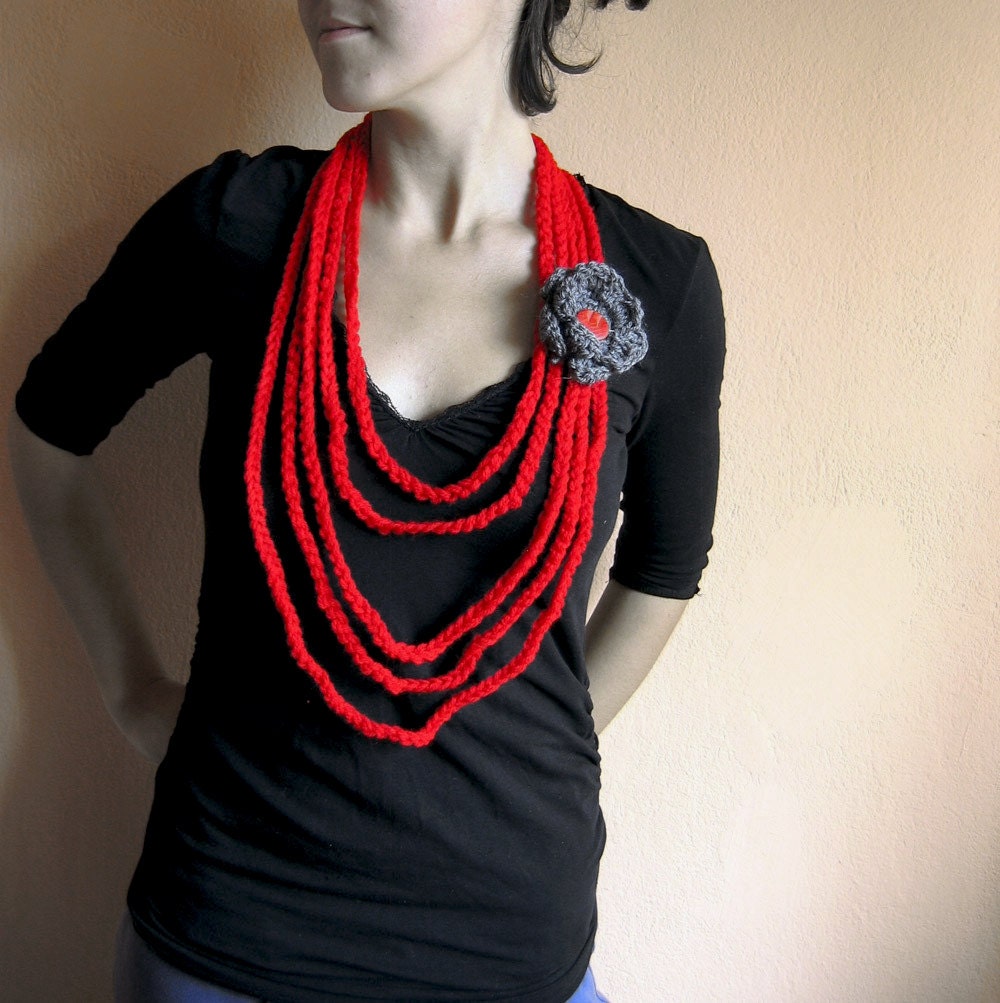 Crochet Necklace/ Scarf/ Neck Warmer in Red  with Grey flower brooch