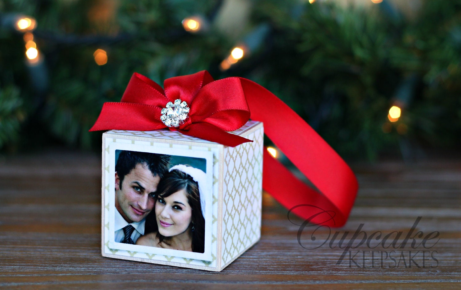 Personalized Christmas Gold White Wedding Photo Block Shower Newlyweds Gift
