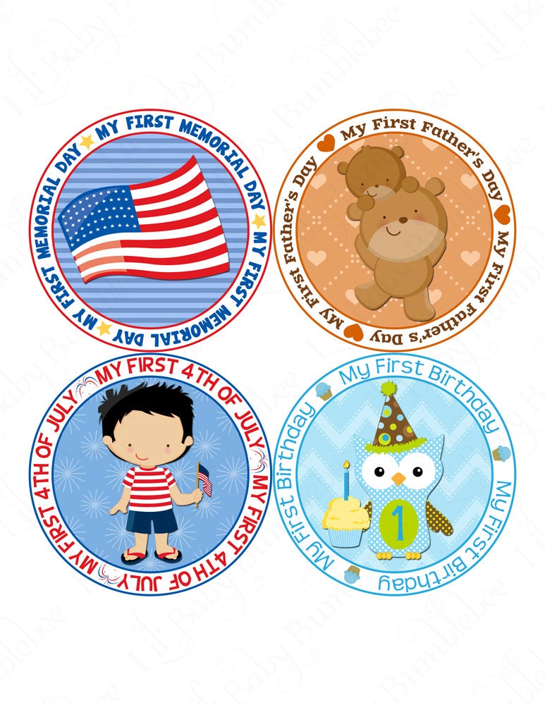 First Holiday Onesie Stickers for Boys - Halloween, Thanksgiving, Christmas, New Year's Day, Valentine's Day, St. Patrick's Day and More