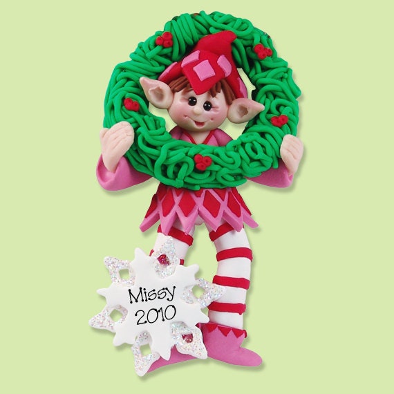 Elf with Wreath HANDMADE  POLYMER Clay Personalized Christmas Ornament