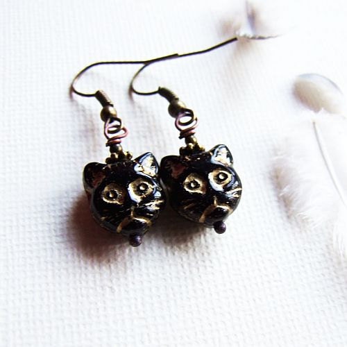black cat halloween earrings  - adorable rustic copper black cat earrings for halloween