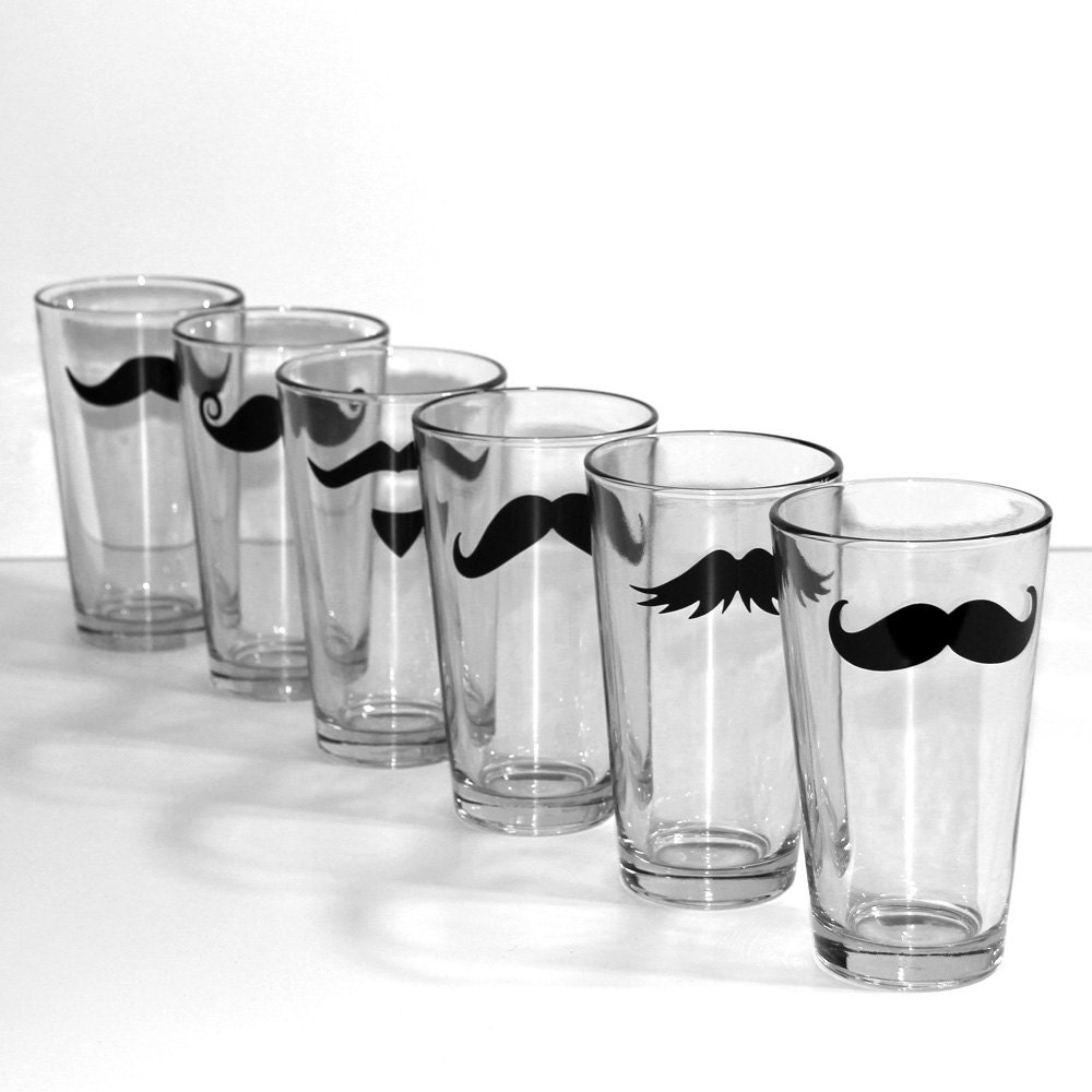 Mustache Pint Glass Set - Fun Wedding , Birthday Party Glassware Bar Ware- 6 Piece Set - MustacheGlass