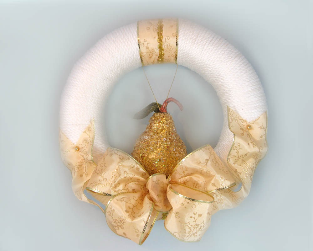Wrapped Wreath with Gold Glittered Pear and Gold Embossed Ribbon