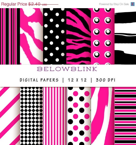 50% Off Sale Deep Pink Zebra Digital Paper Pack, Scrapbook Papers, 12 jpg files 12 x 12 - Instant Download - DP144