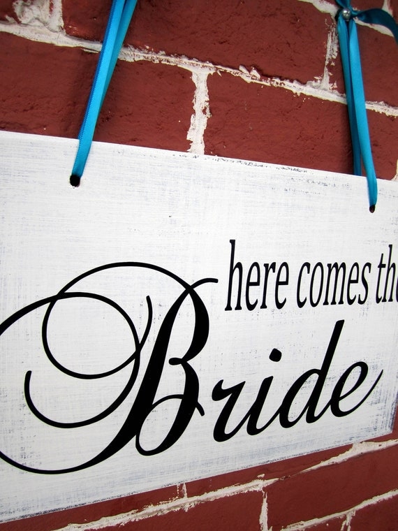 10" x 16" Wooden Wedding Sign: Double Sided here comes the bride & and they lived happily ever after