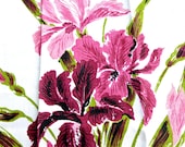 Floral Vintage Tea Towel - Unused MWOT- Pink and Purple Iris - Linen Dish Towel